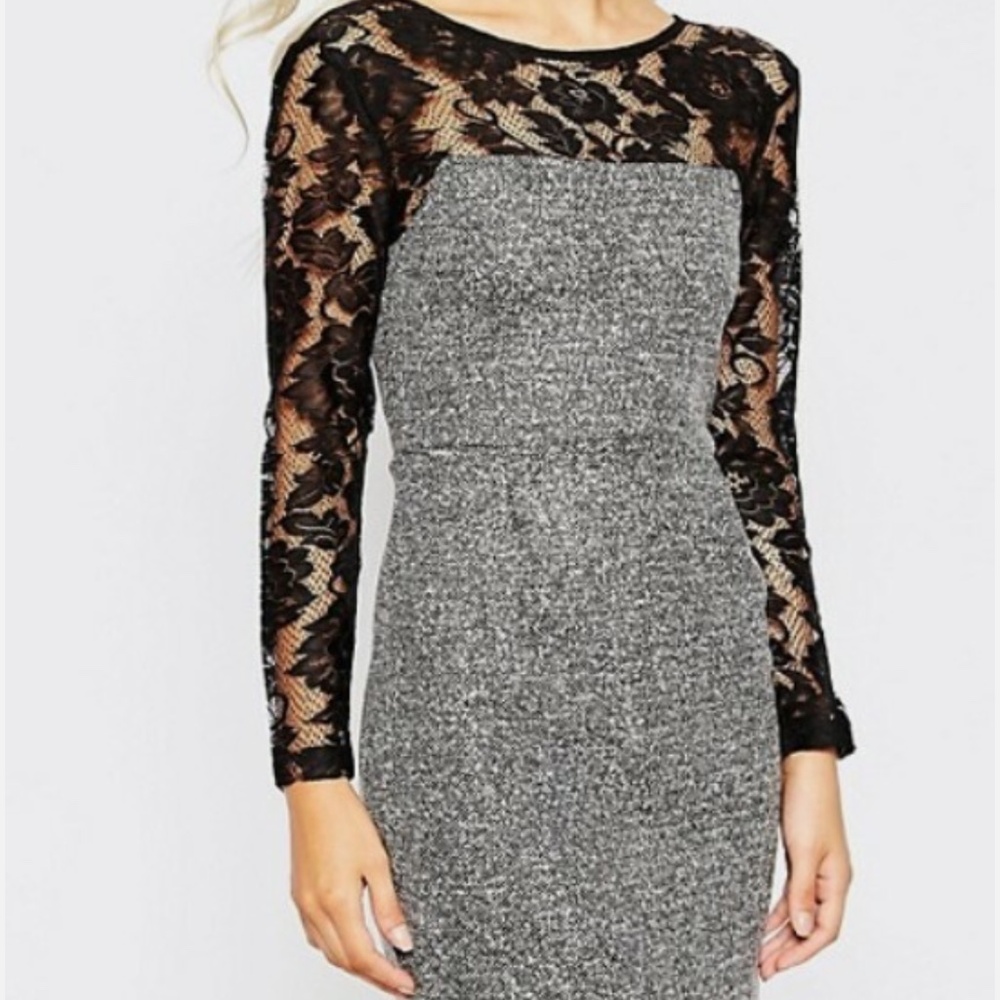 French Connection Lace Sleeve Sheath Dress Grey Tweed Black Lace Size 2